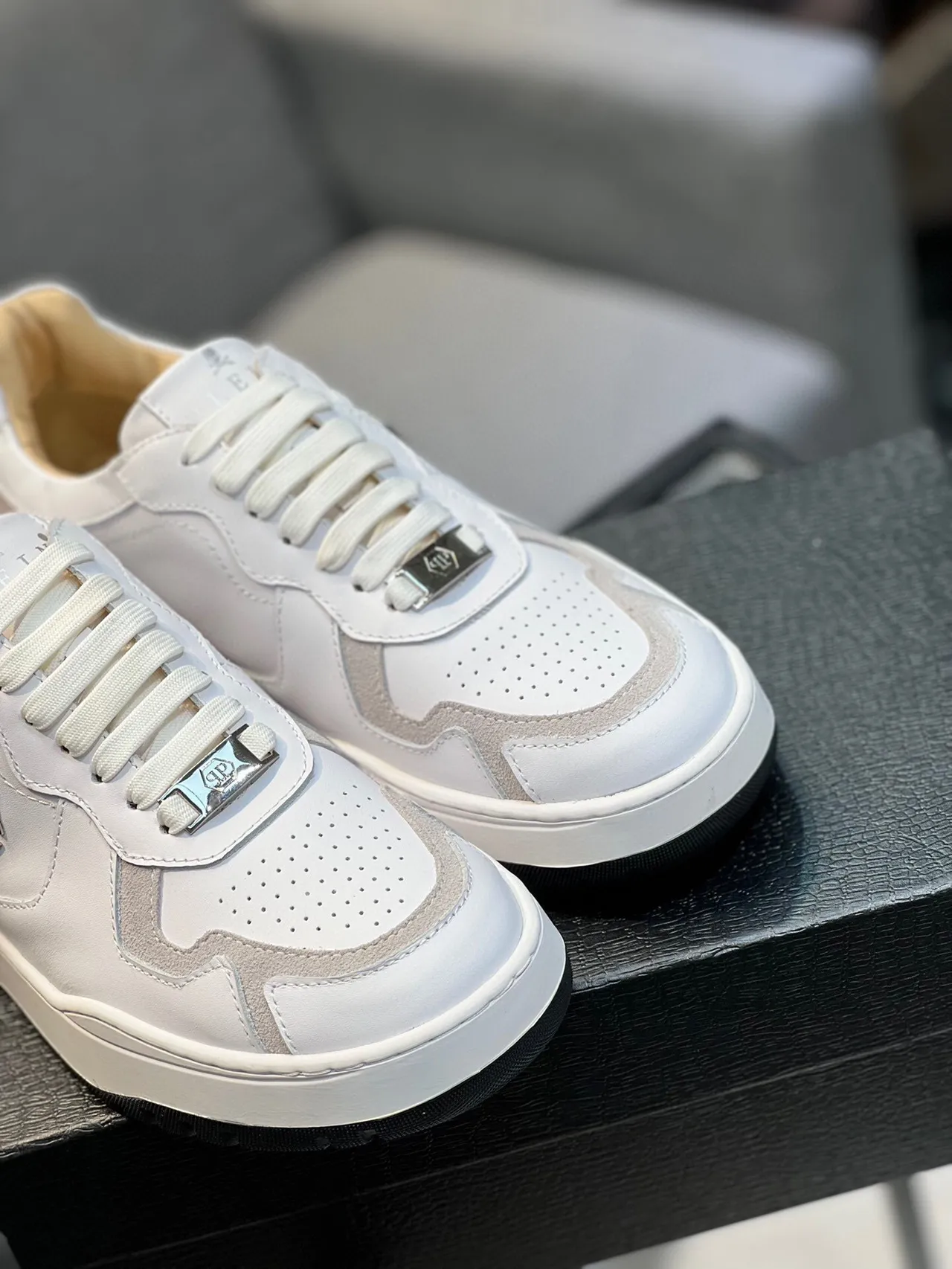 Philipp Plein White Beige Monogrammed Two-Tone Lifestyle Sneakers 9