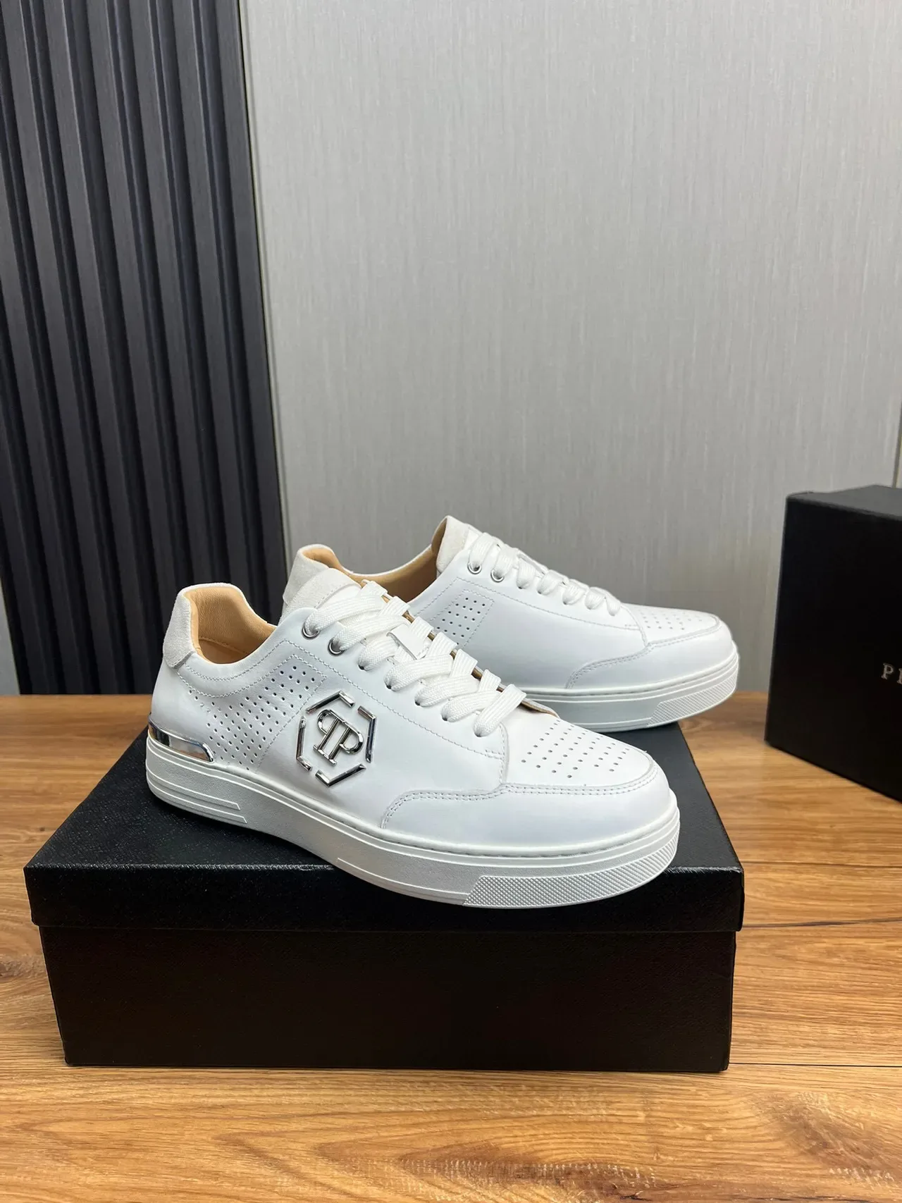 Philipp Plein White Silver Perforated Leather Upper Metallic Hexagonal Logo Lifestyle Sneakers 2