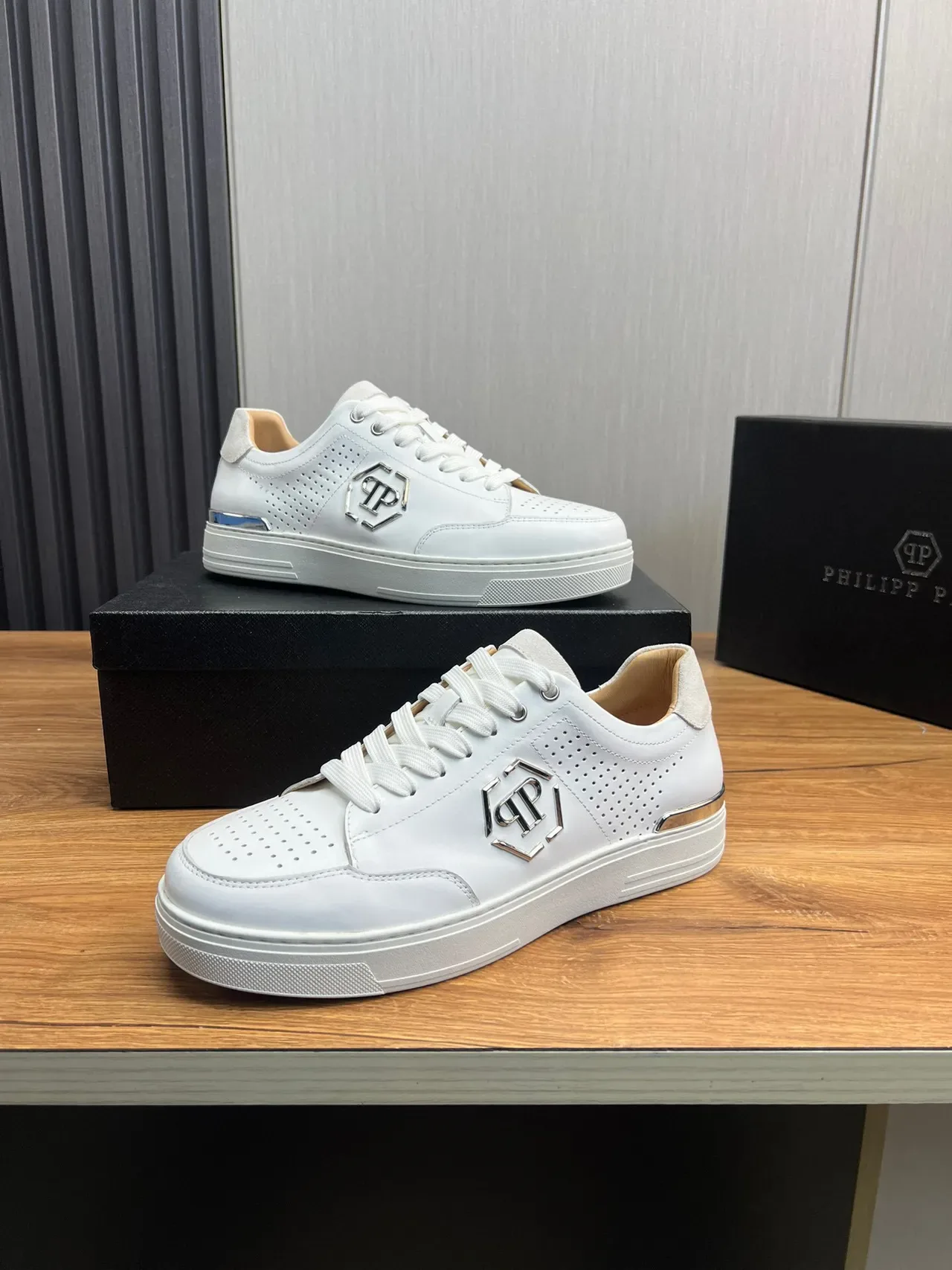 Philipp Plein White Silver Perforated Leather Upper Metallic Hexagonal Logo Lifestyle Sneakers 3