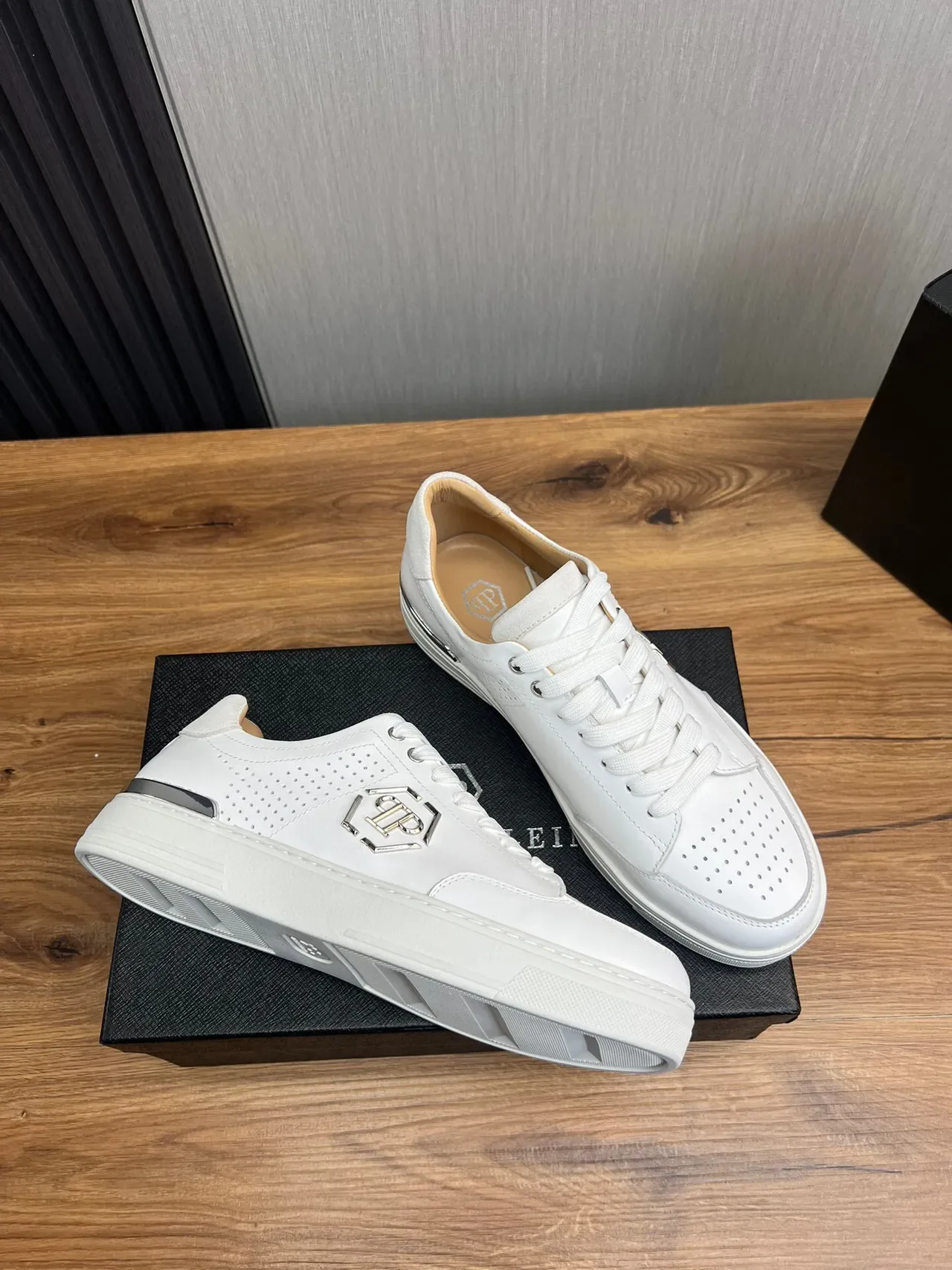 Philipp Plein White Silver Perforated Leather Upper Metallic Hexagonal Logo Lifestyle Sneakers 5