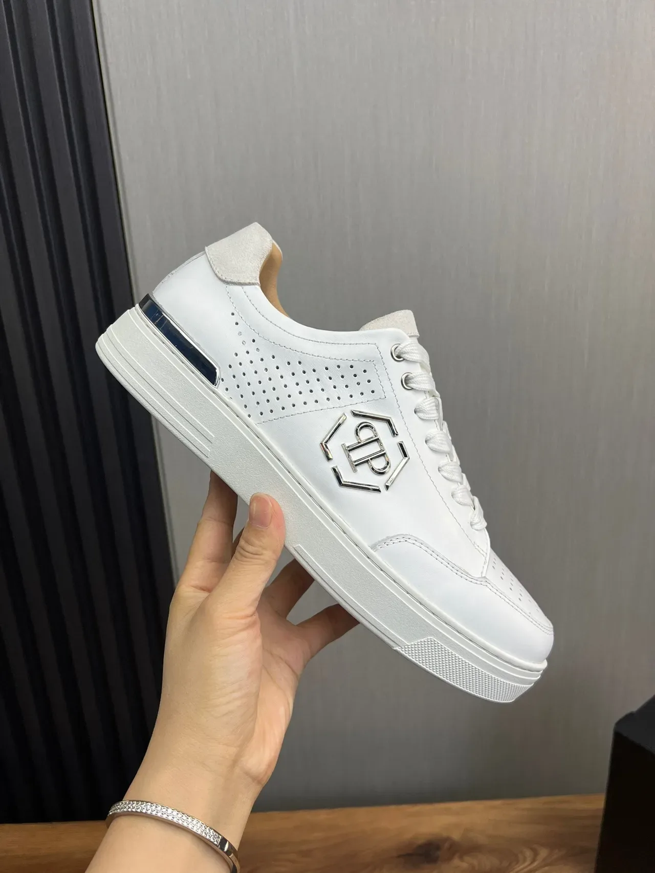 Philipp Plein White Silver Perforated Leather Upper Metallic Hexagonal Logo Lifestyle Sneakers 6