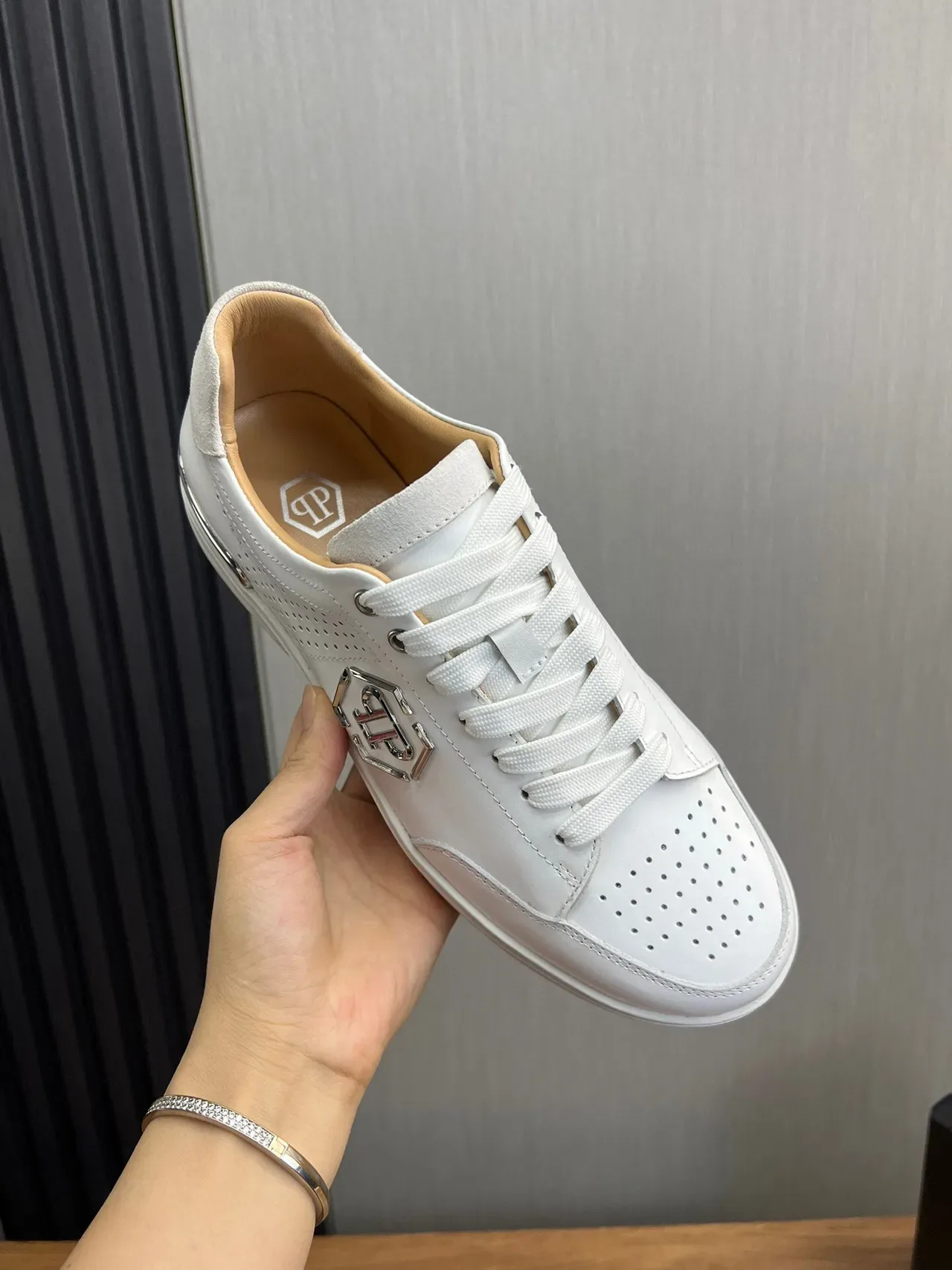 Philipp Plein White Silver Perforated Leather Upper Metallic Hexagonal Logo Lifestyle Sneakers 7