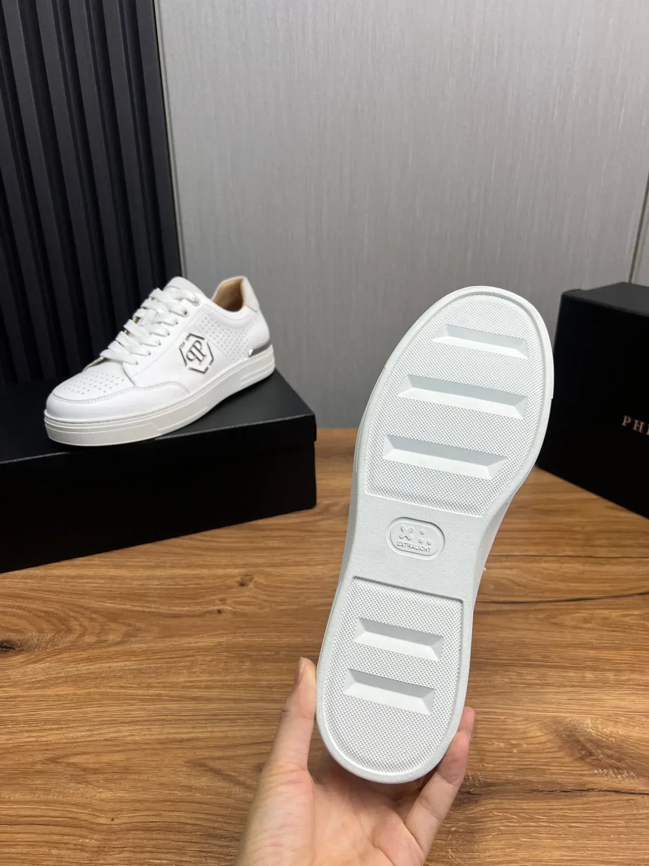 Philipp Plein White Silver Perforated Leather Upper Metallic Hexagonal Logo Lifestyle Sneakers 8