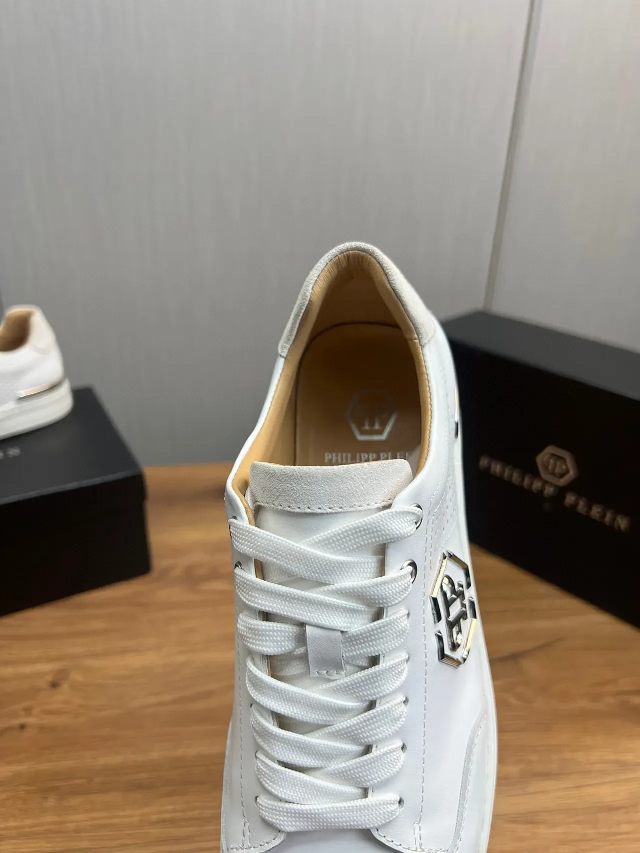 Philipp Plein White Silver Perforated Leather Upper Metallic Hexagonal Logo Lifestyle Sneakers 9