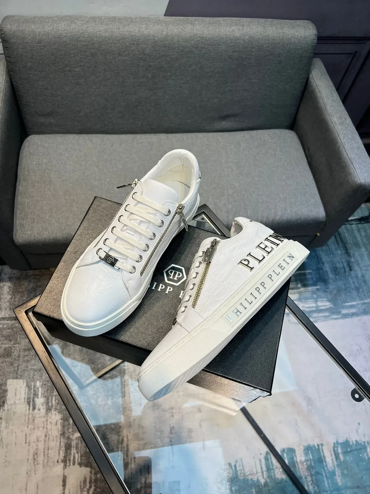 Philipp Plein Tênis Lifestyle Branco Couro Texturizado Detalhe de Zíper 3