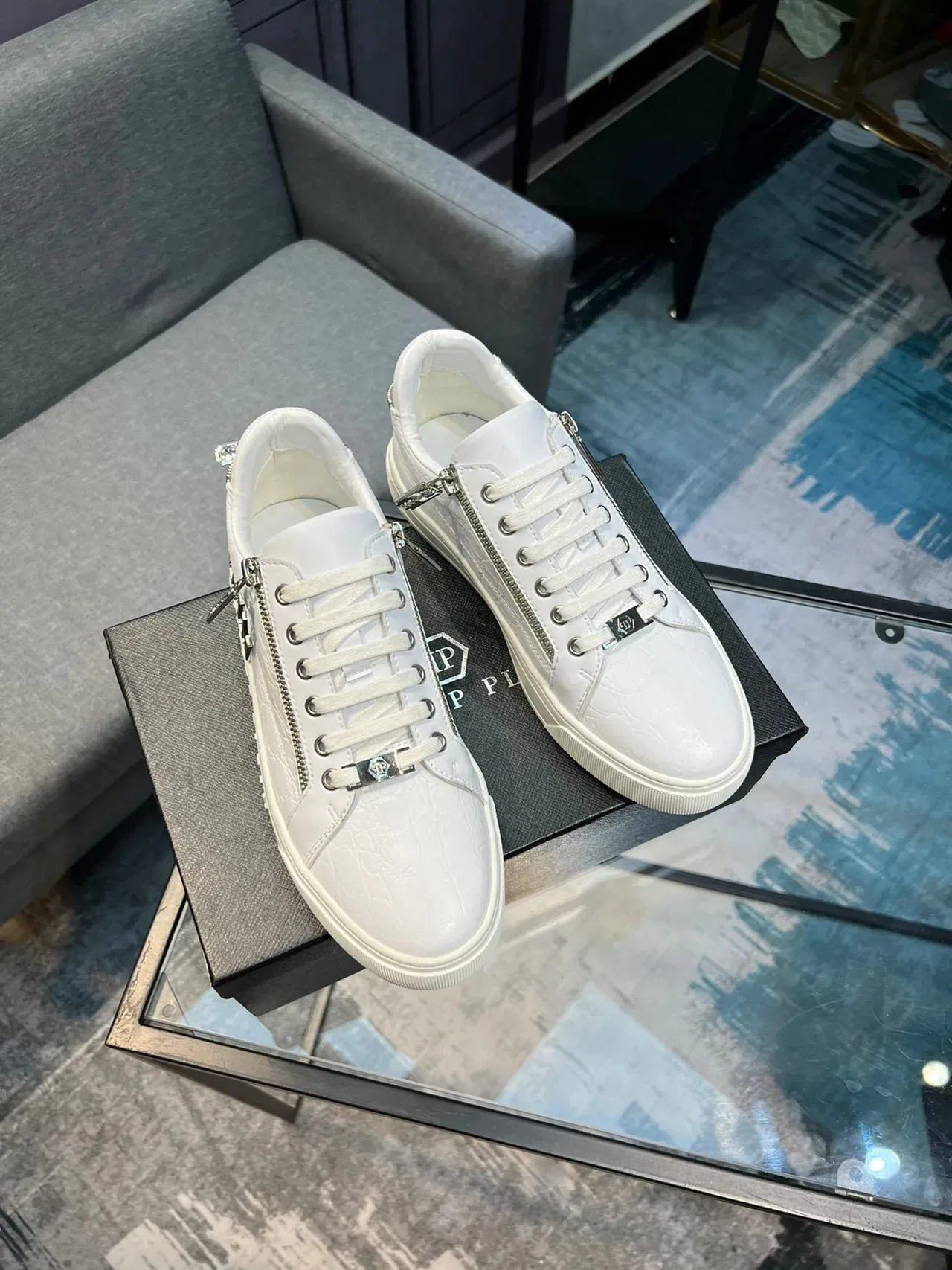 Philipp Plein Tênis Lifestyle Branco Couro Texturizado Detalhe de Zíper 4