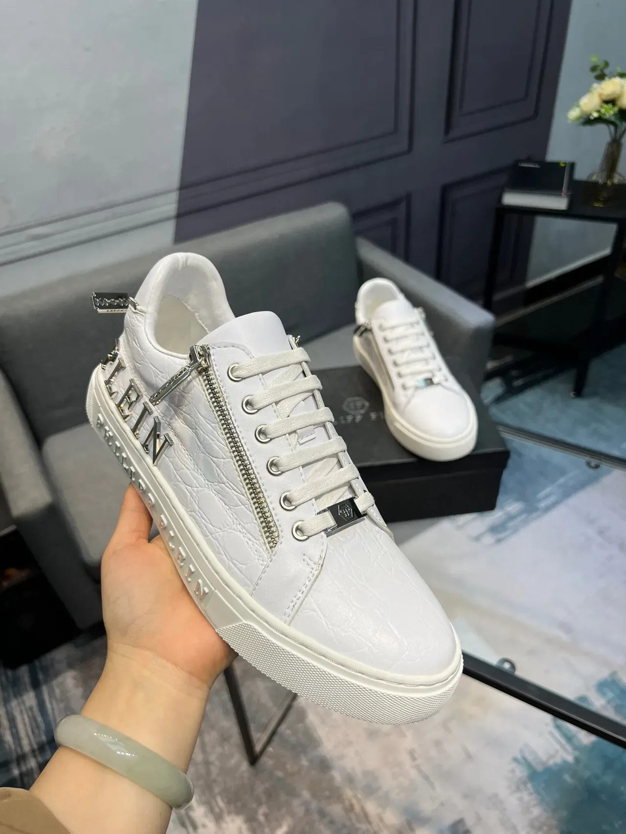 Philipp Plein Tênis Lifestyle Branco Couro Texturizado Detalhe de Zíper 5