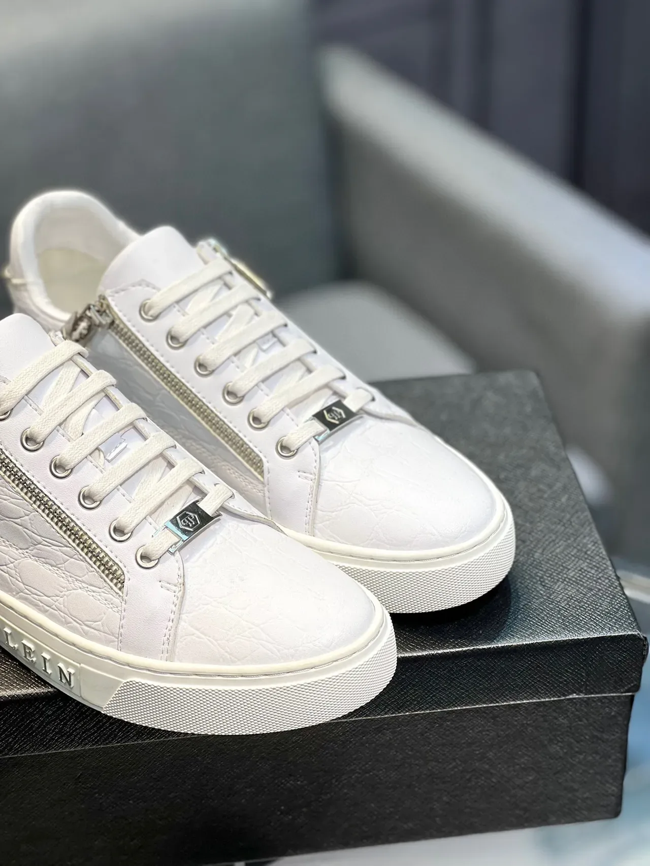 Philipp Plein Tênis Lifestyle Branco Couro Texturizado Detalhe de Zíper 8
