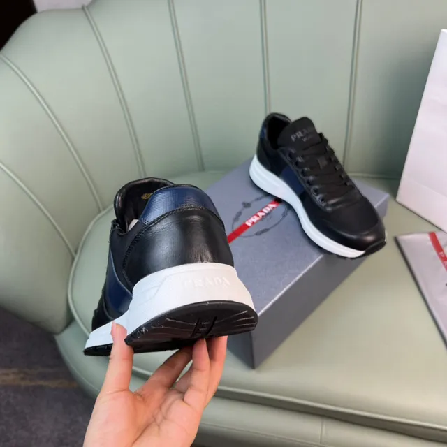 Prada Black Navy Leather And Nylon Upper Side Stripe Lifestyle Sneakers 3