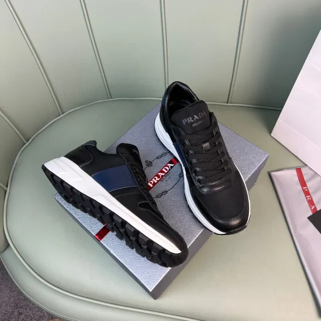 Prada Black Navy Leather And Nylon Upper Side Stripe Lifestyle Sneakers 7