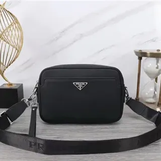 Prada Black Structured Rectangular Silhouette Textured Pebbled Leather Messenger Bag