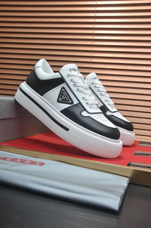 Prada Black White Two-Tone Leather Triangular Logo Plaque Lifestyle Sneakers 8