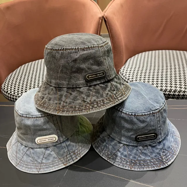 Prada Azul Negro Construcción Denim Costura Contraste Sombrero de Cubo 2