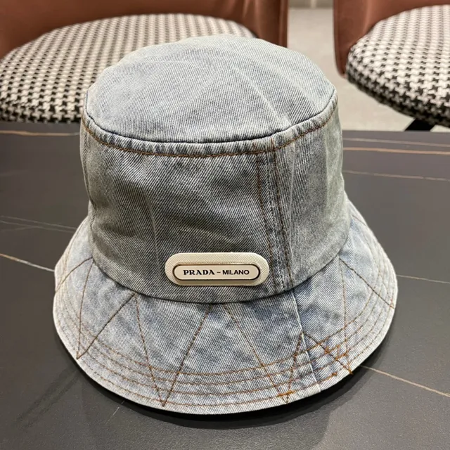 Prada Azul Negro Construcción Denim Costura Contraste Sombrero de Cubo 3