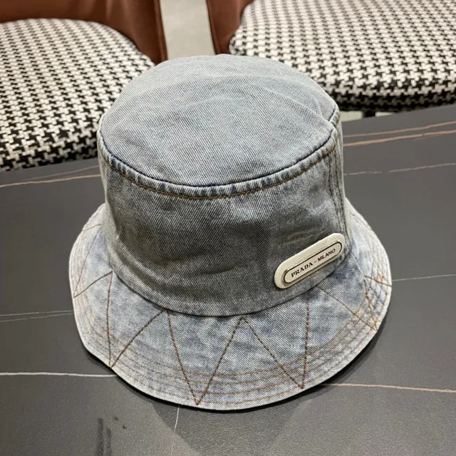 Prada Azul Negro Construcción Denim Costura Contraste Sombrero de Cubo 4