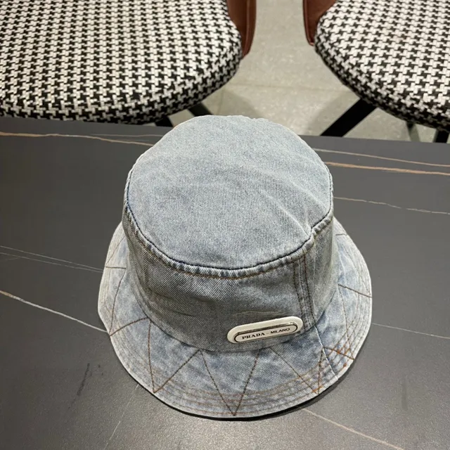 Prada Azul Negro Construcción Denim Costura Contraste Sombrero de Cubo 6