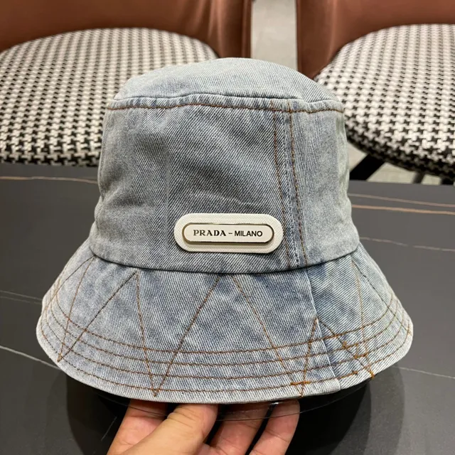 Prada Azul Negro Construcción Denim Costura Contraste Sombrero de Cubo 7