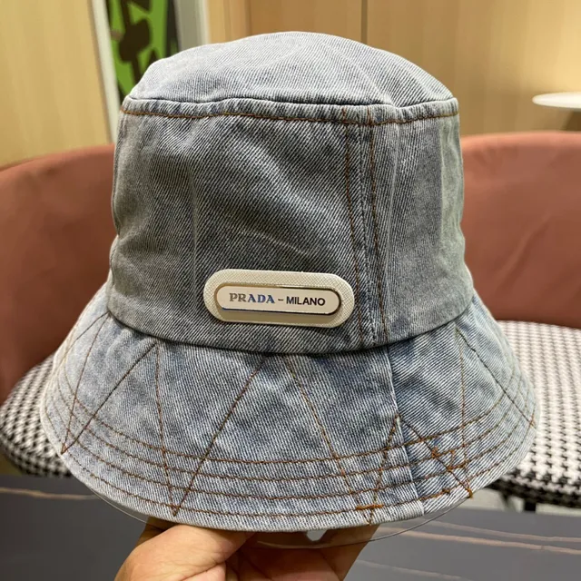 Prada Azul Negro Construcción Denim Costura Contraste Sombrero de Cubo 8