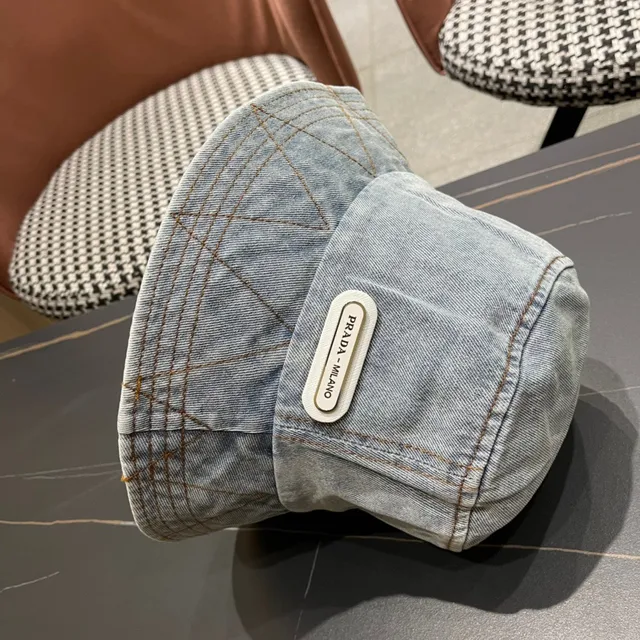 Prada Azul Negro Construcción Denim Costura Contraste Sombrero de Cubo 10