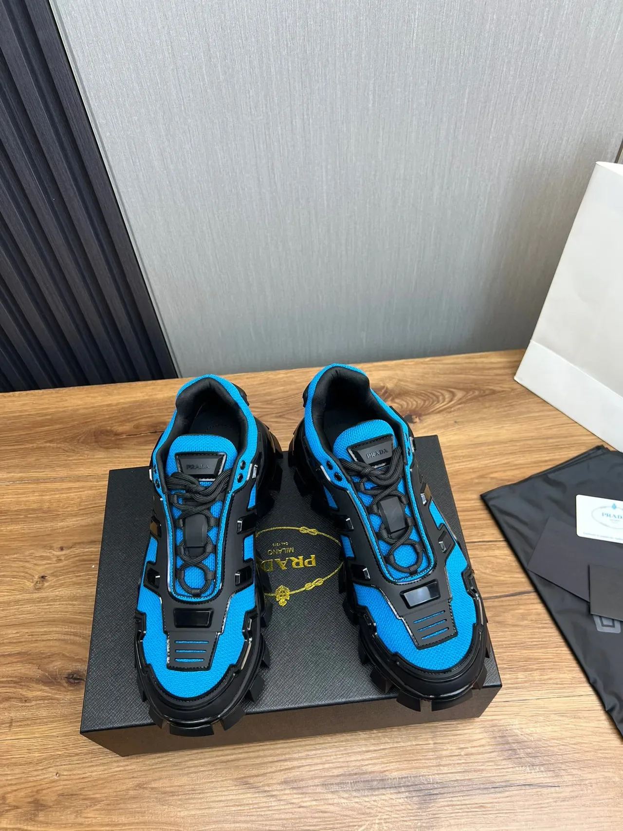 Prada Blue Black Treaded Sole Geometric Rubber Overlays Chunky Sneakers 2