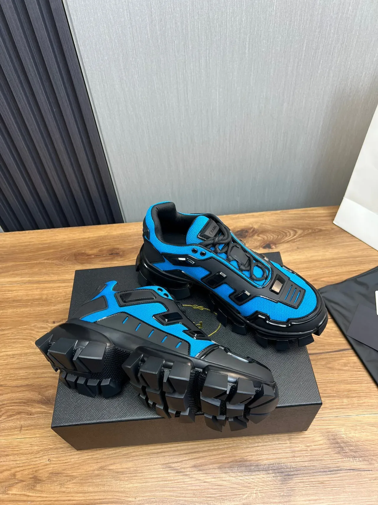 Prada Blue Black Treaded Sole Geometric Rubber Overlays Chunky Sneakers 6