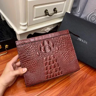Prada Brown Crocodile-Embossed Envelope Clutch