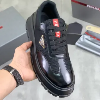 Prada Cloudbust Black Red Platform Sole Patent Leather Overlay Chunky Sneakers