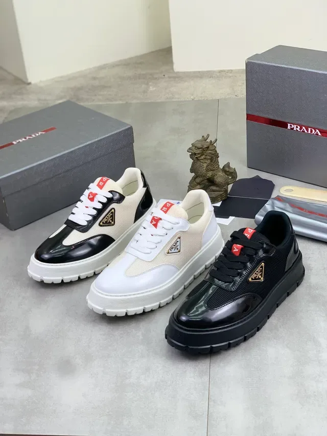 Prada Cloudbust Tênis Plataforma Preto Vermelho Couro Verniz Grossos 2