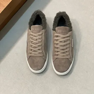 प्राडा Cloudbust भूरा सफेद स्यूड ऊपरी Shearling-Lined Collar Lifestyle Sneakers