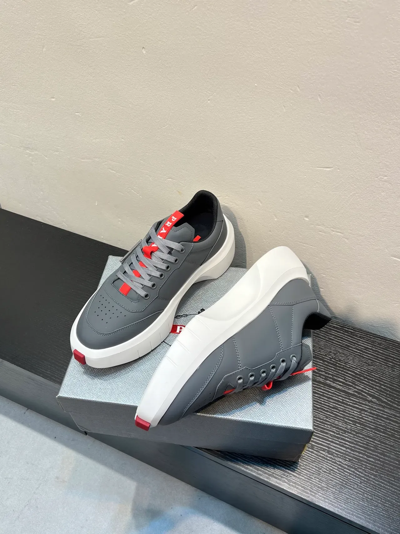 Prada Cloudbust Gray and Red Platform Lifestyle Sneakers 4