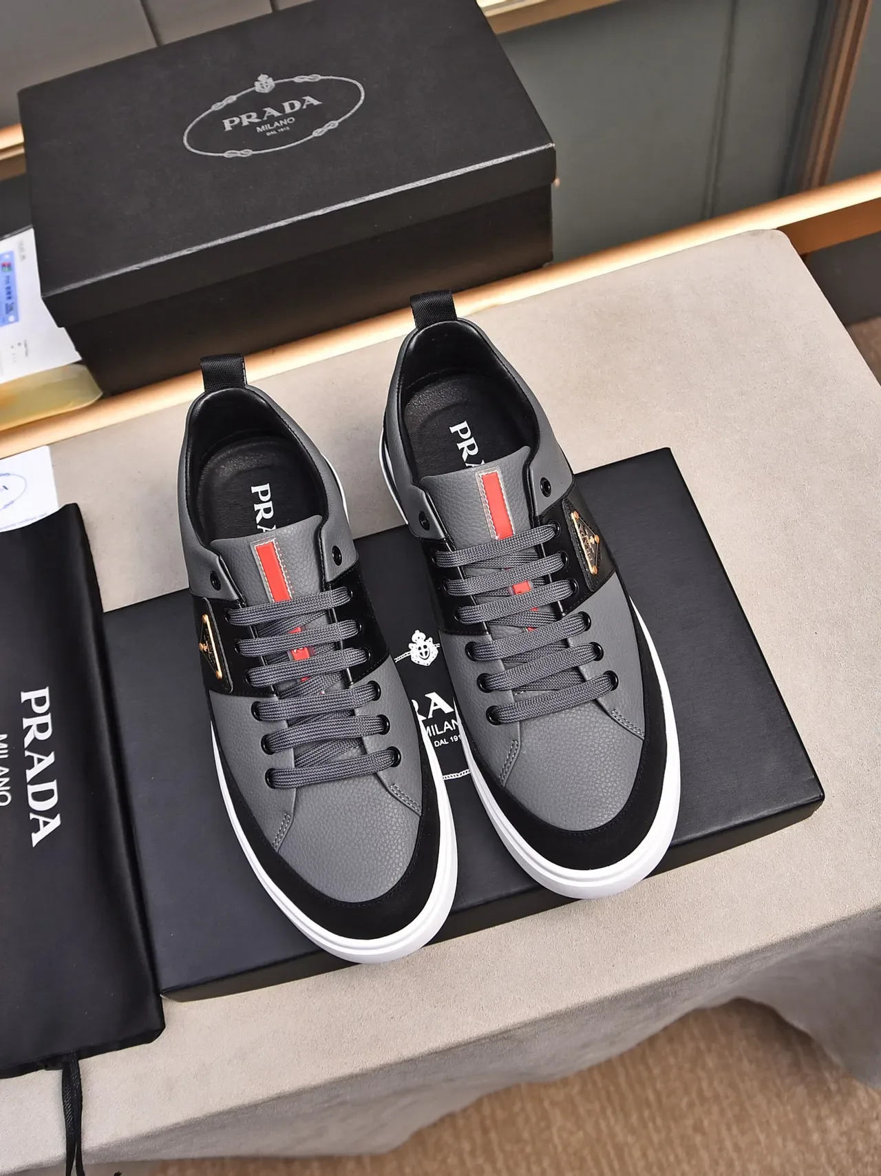 Prada Cloudbust Gray Black Mixed-Material Upper Triangular Logo Plaque Lifestyle Sneakers 2