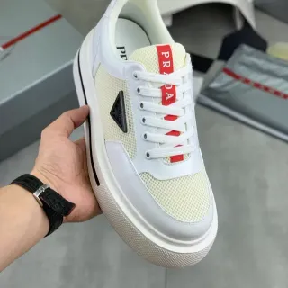 Prada Cloudbust White Beige Platform Sole Mesh And Leather Paneling Chunky Sneakers