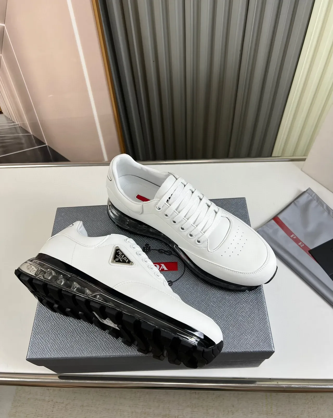 Prada Cloudbust سينيكرز تشانكي أبيض جلد شفاف مع Air-Cushion 6