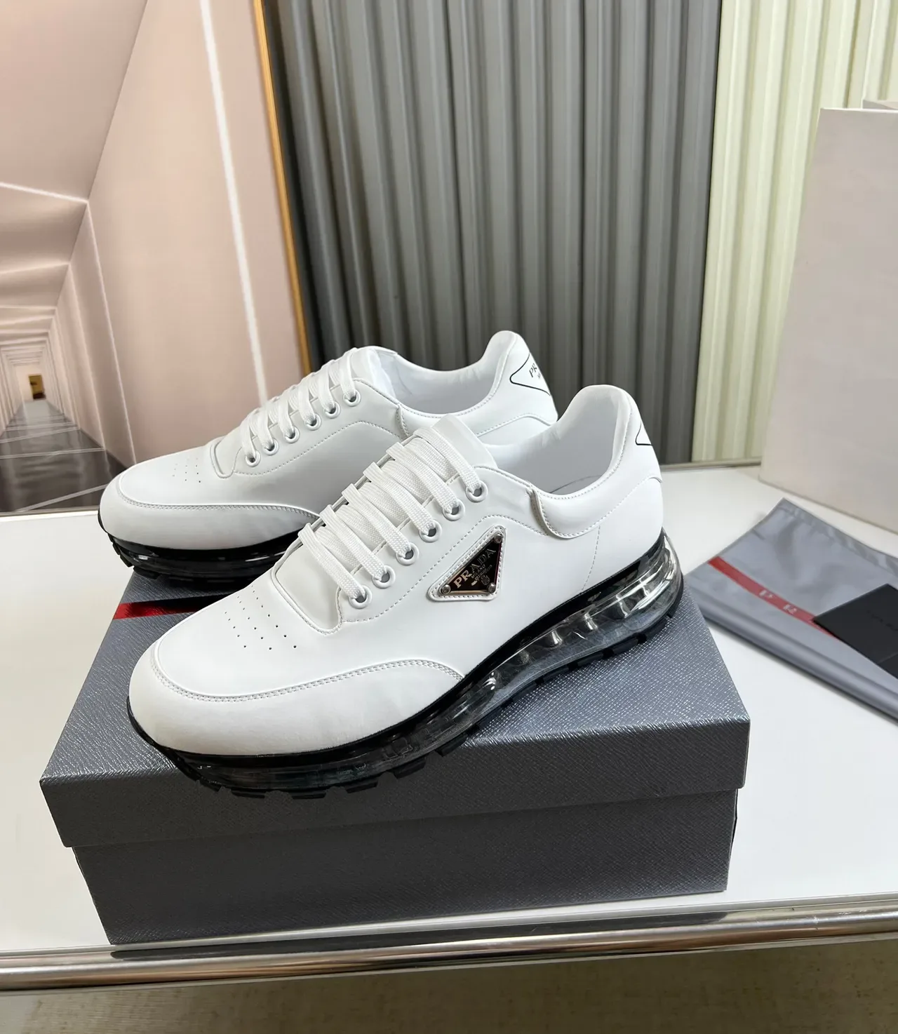 Prada Cloudbust سينيكرز تشانكي أبيض جلد شفاف مع Air-Cushion 8