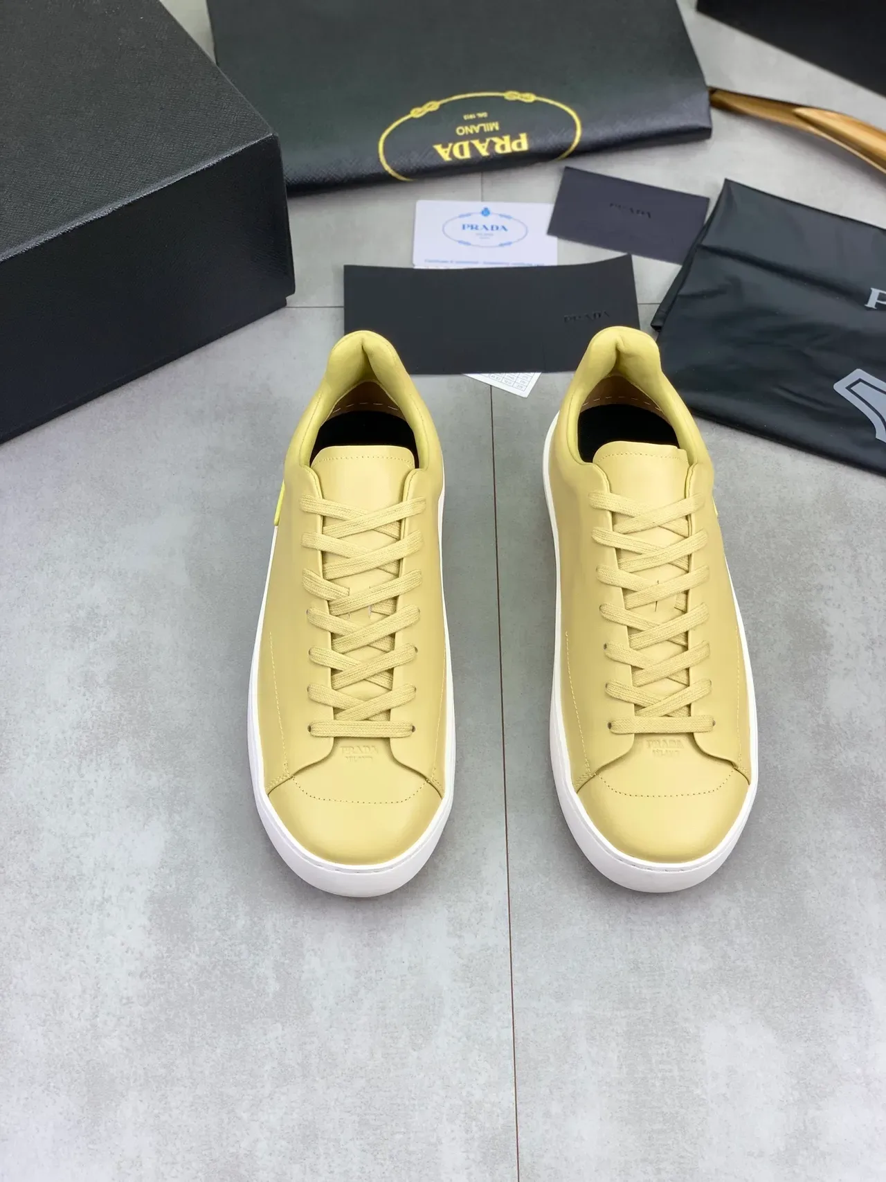 Prada Cloudbust Yellow White Smooth Leather Upper Tonal Laces Lifestyle Sneakers 4