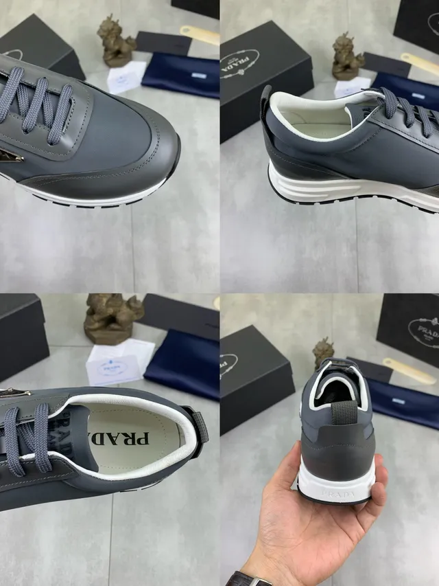 Prada Gray White Low-Top Leather Upper Sneakers 3