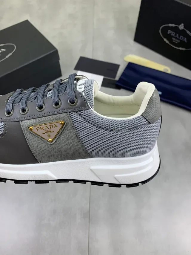 Prada Gray White Mixed-Material Upper Triangular Logo Plaque Lifestyle Sneakers 4