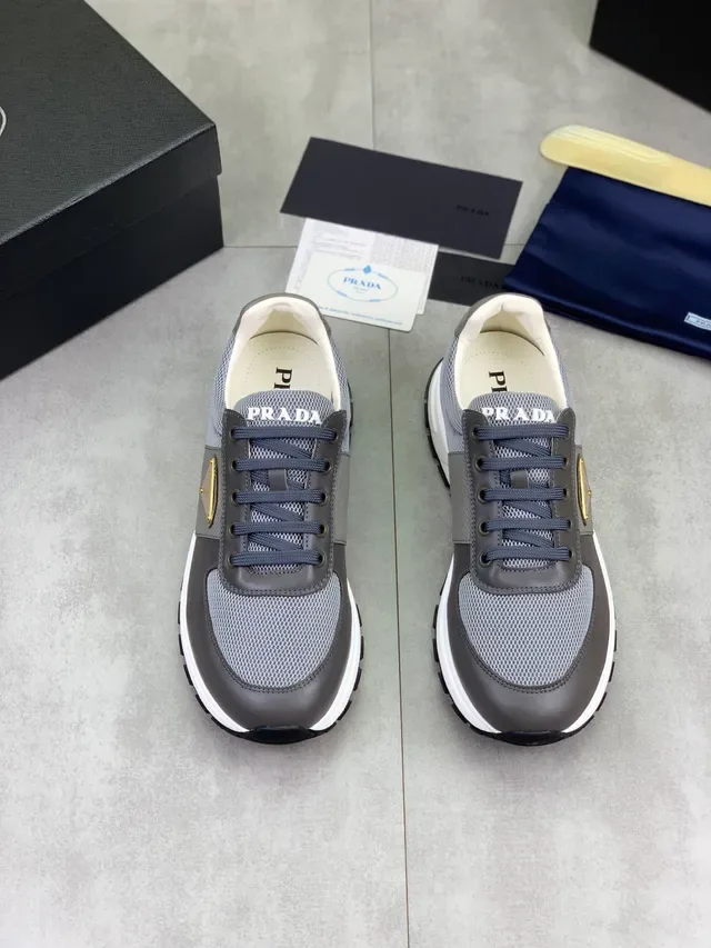 Prada Gray White Mixed-Material Upper Triangular Logo Plaque Lifestyle Sneakers 6