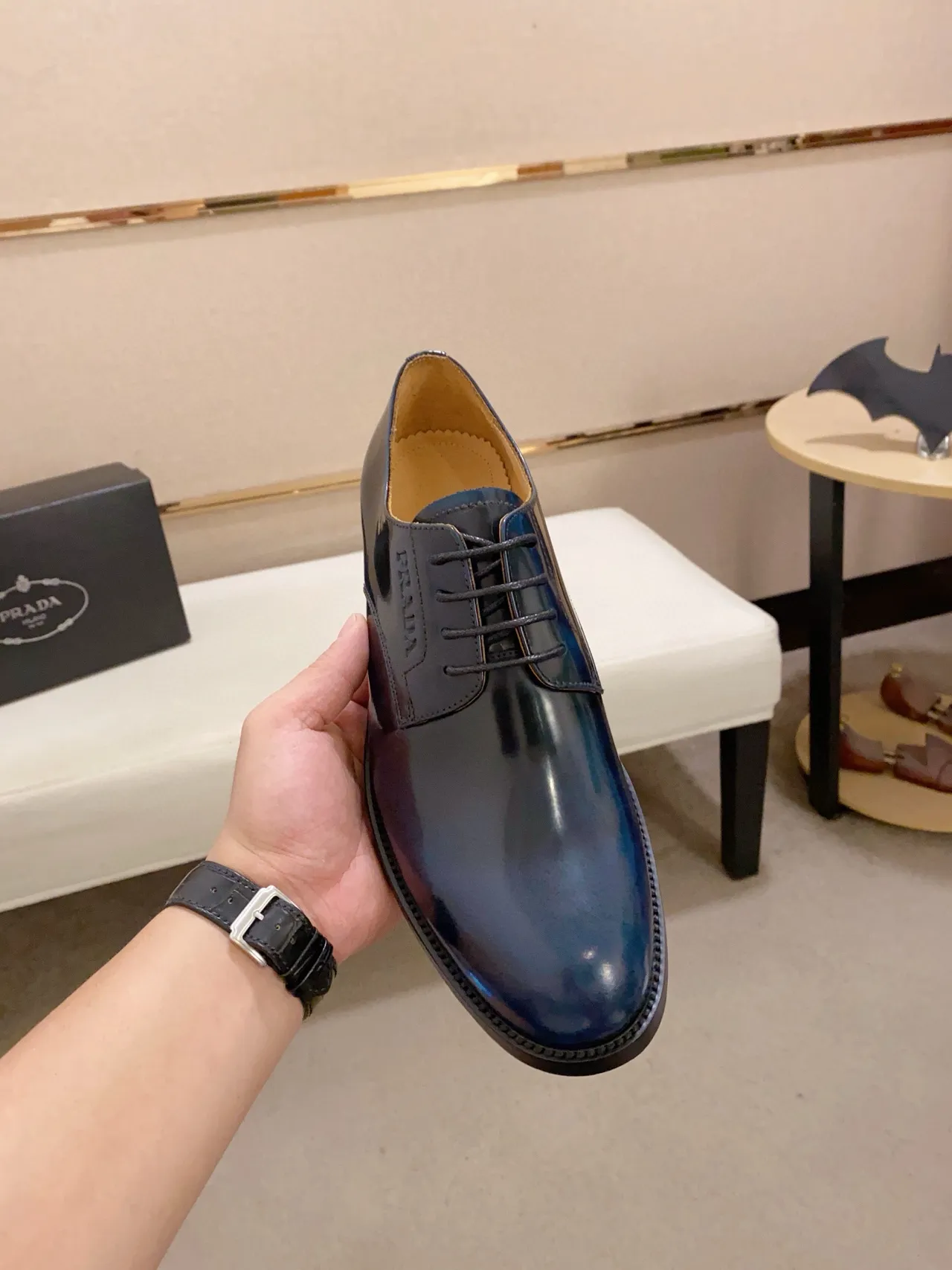Prada নেভি কালো ঝলমলে পেটেন্ট জাতীয় ফিনিশ ক্যাপ টো অক্সফোর্ড জুতো 5