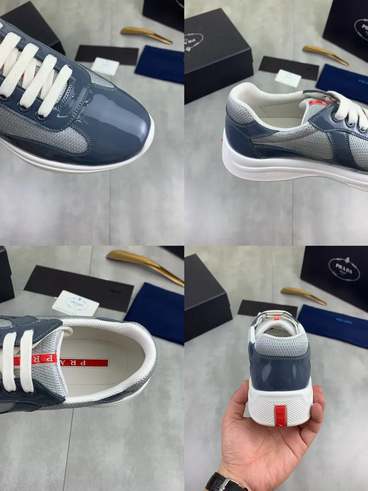 Prada Navy Gray Patent Leather Mesh Overlay Lifestyle Sneakers 2
