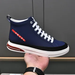 Prada Navy Red High-Top Neoprene-Like Upper Sneakers