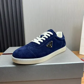 Prada Navy White Suede Upper Triangular Metal Logo Lifestyle Sneakers