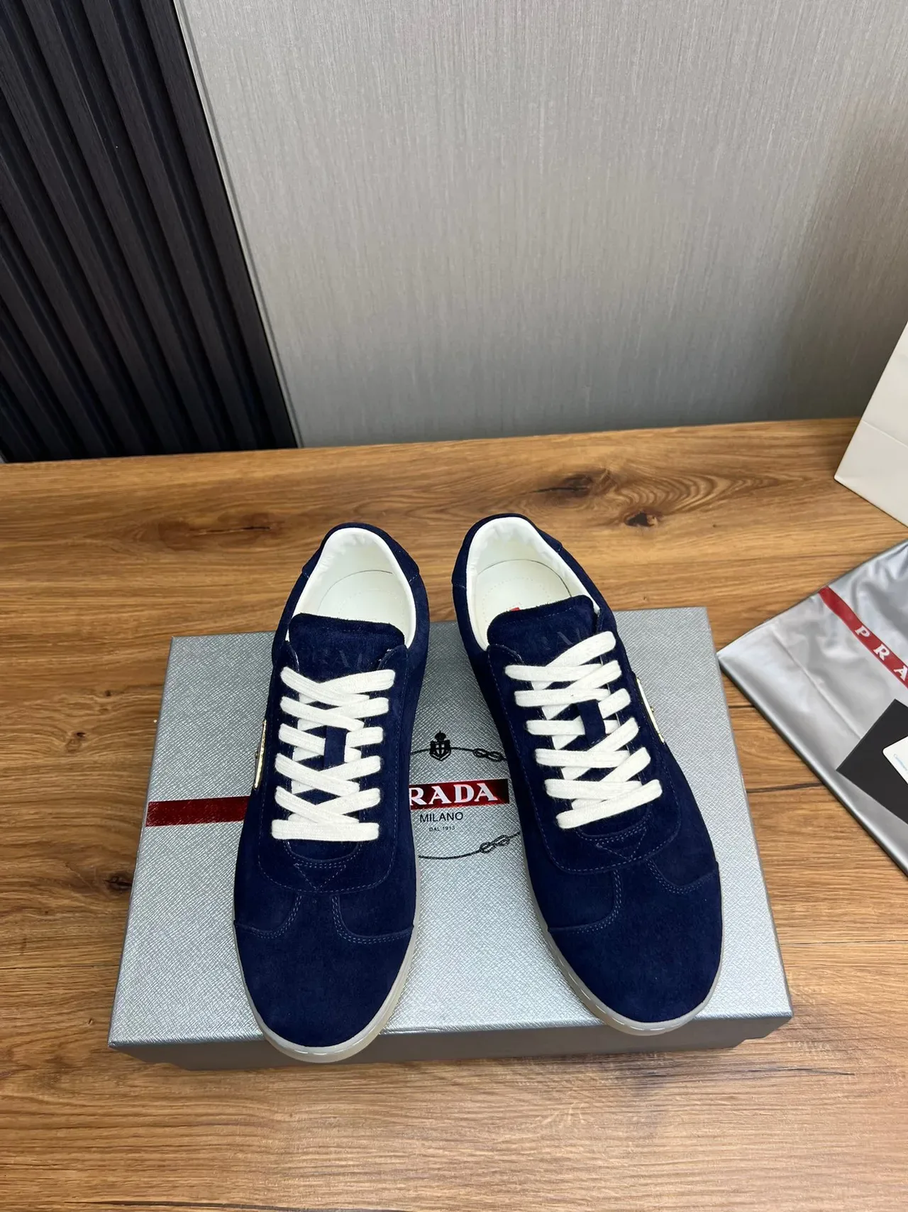 Prada Navy White Suede Upper Triangular Metal Logo Lifestyle Sneakers 2