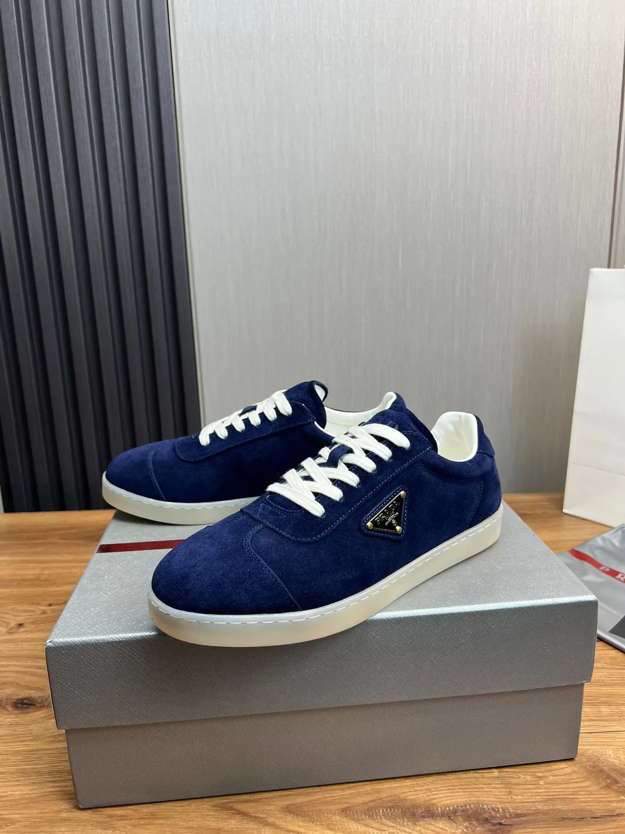 Prada Navy White Suede Upper Triangular Metal Logo Lifestyle Sneakers 3