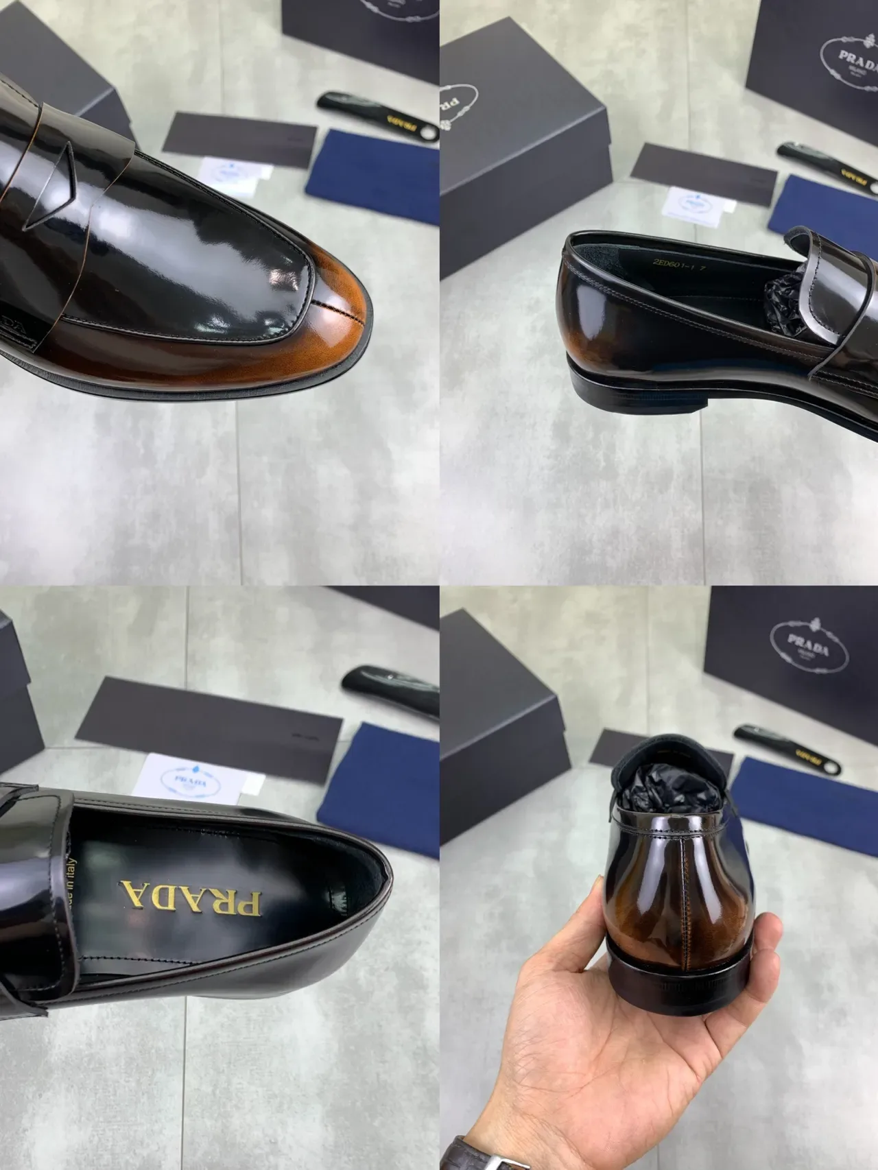 Prada Penny Loafer Preto e Marrom Couro Patent Brilhante 2