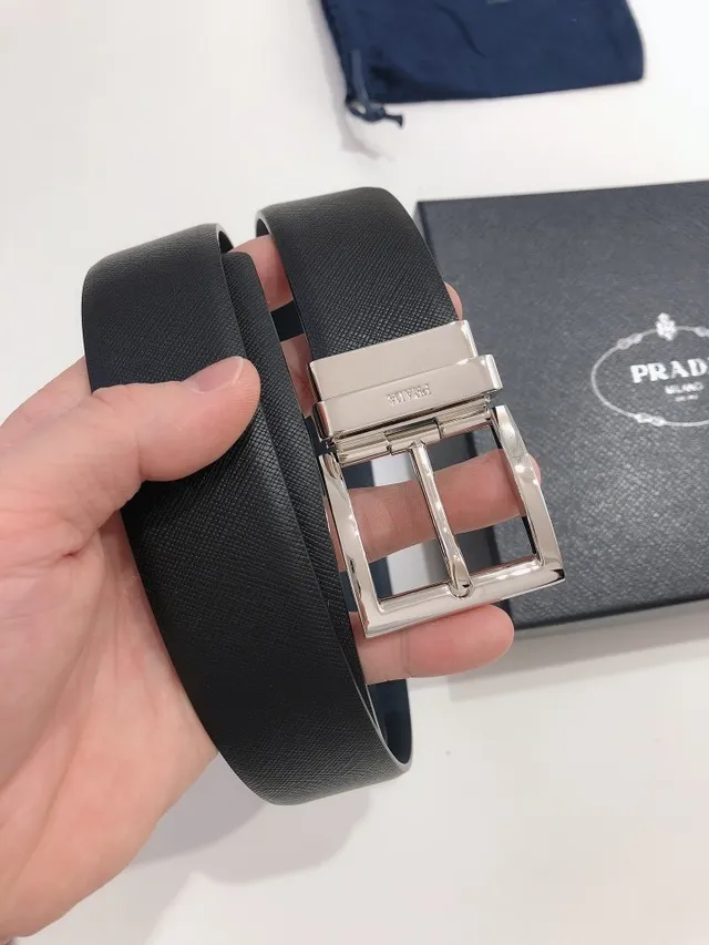 Prada Reversible Buckle Black Textured Leather Belt 9