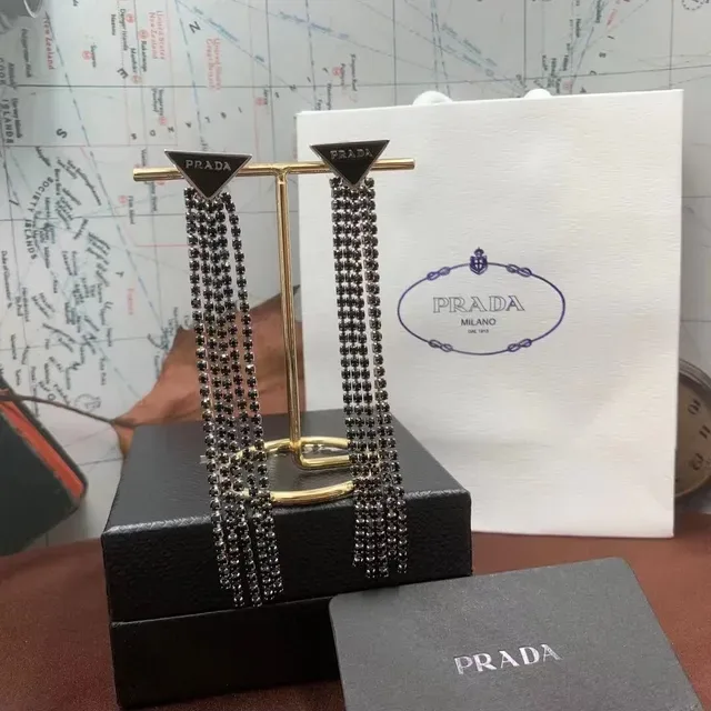 Prada Triangle Logo Chain Tassel Earrings 8