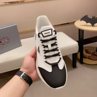 Prada White and Black Textile and Leather Sneaker