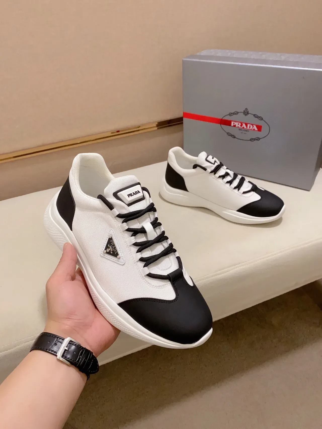 Prada White and Black Textile and Leather Sneaker 7