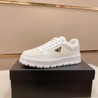 Prada White Beige Platform Sole Mesh And Leather Upper Lifestyle Sneakers